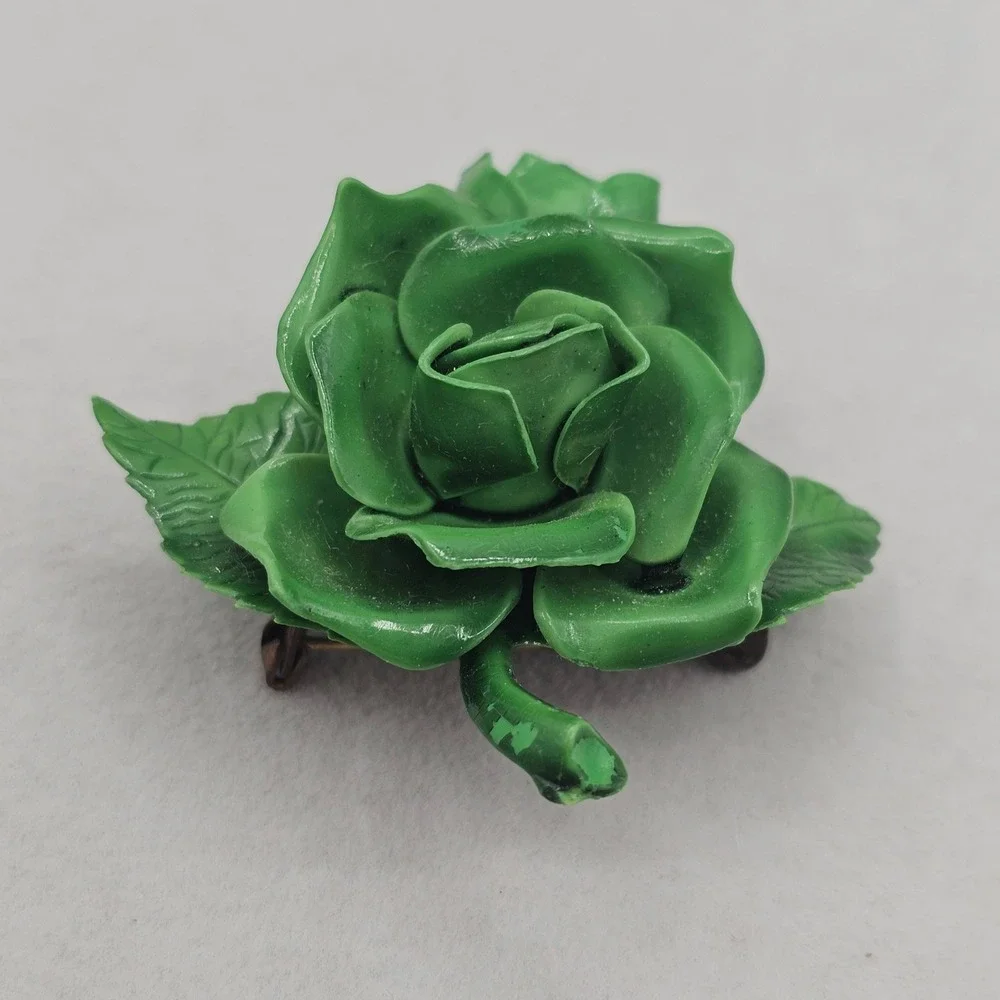 Vintage Green Rose Brooch Floral Leaf Kitschy Mid Century Retro 2 inch Pin